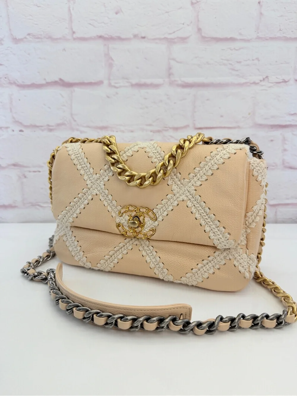Chanel 19 Flap Medium Calfskin Crochet Shoulder Bag Beige